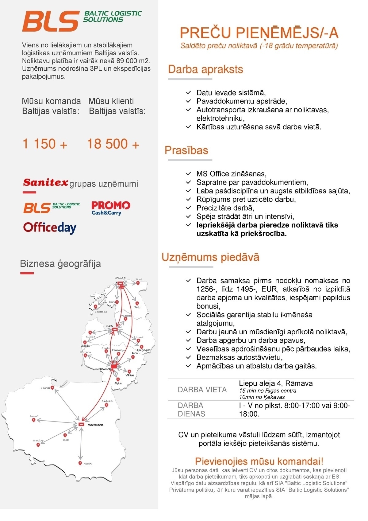 Baltic Logistic Solutions, SIA Preču pieņēmējs/-a saldēto preču noliktavā (-18°C)