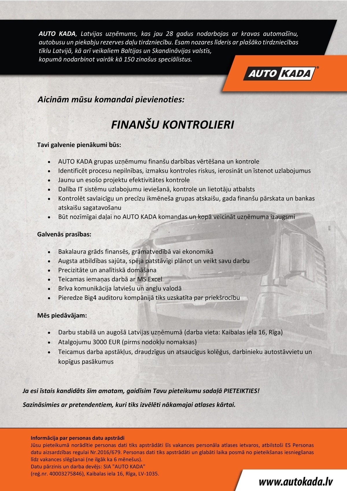 AUTO KADA, SIA Finanšu kontrolieris/-e