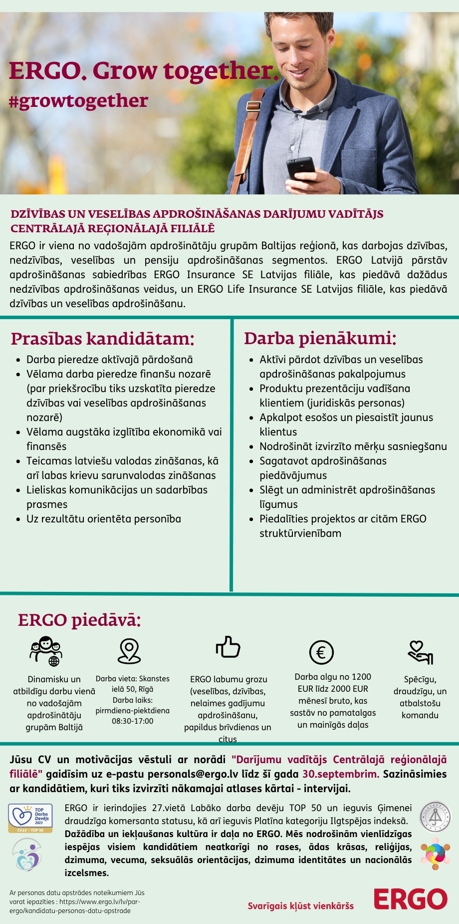 ERGO Insurance SE Latvijas filiāle, AKF Dzīvības un veselības apdrošināšanas darījumu vadītājs/-a Centrālajā reģionālajā filiālē