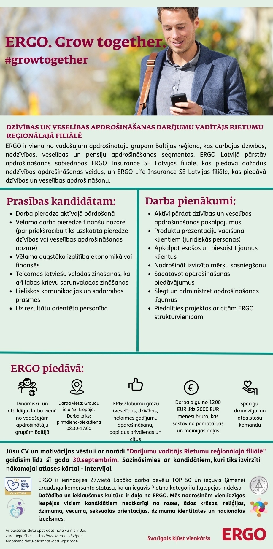 ERGO Insurance SE Latvijas filiāle, AKF Dzīvības un veselības apdrošināšanas darījumu vadītājs/-a Rietumu reģionālajā filiālē