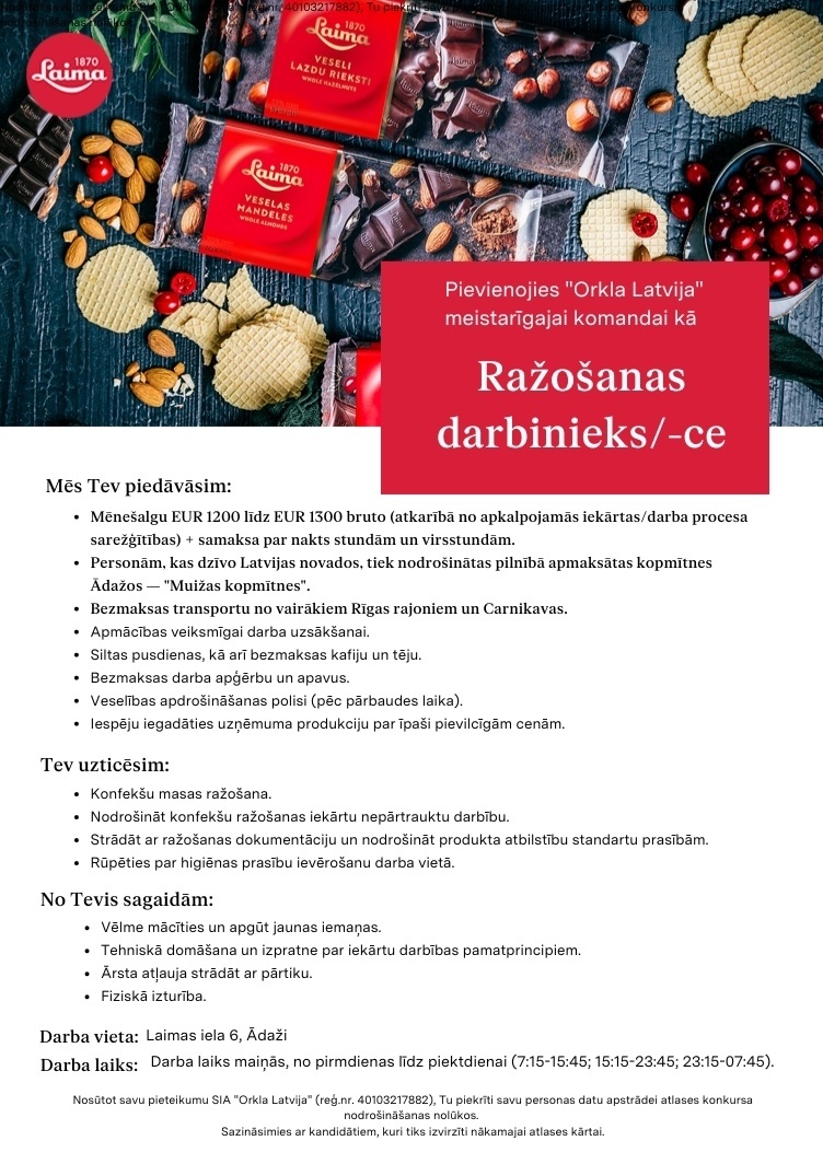 Orkla Latvija, SIA Ražošanas darbinieks/-ce