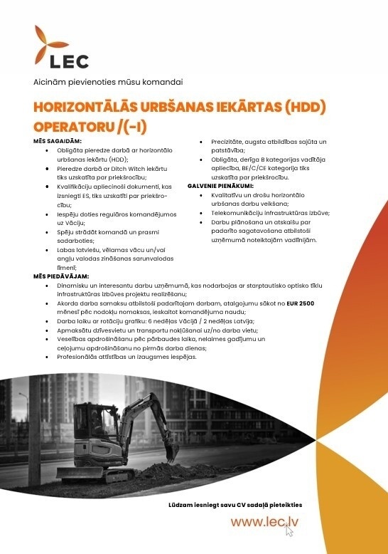 LATVIJAS ENERGOCELTNIEKS, SIA Horizontālās urbšanas iekārtas (HDD) operators/-e