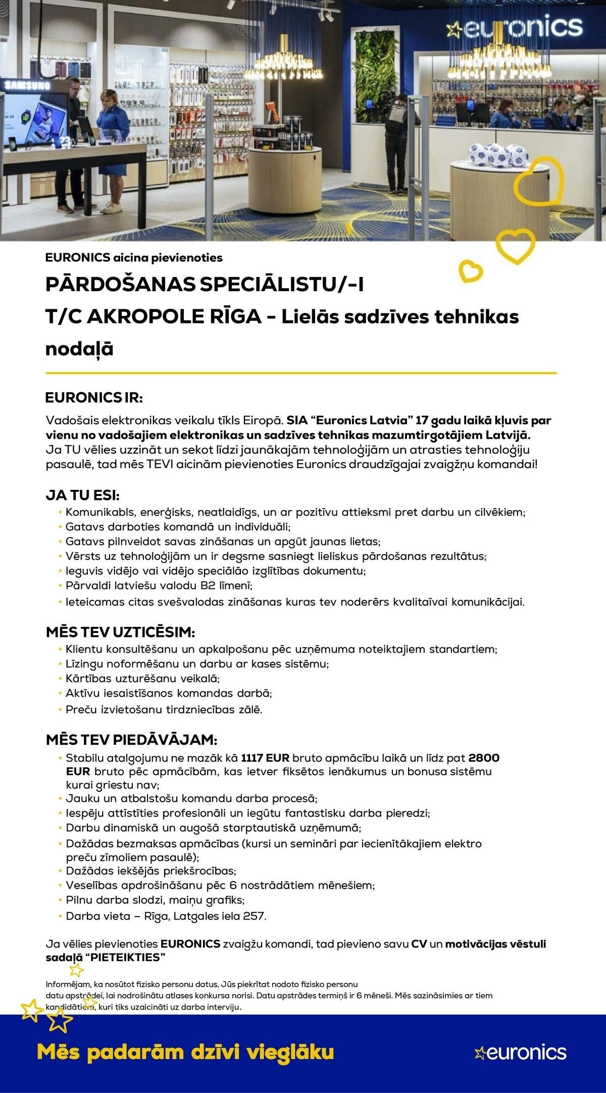 Euronics Latvia, SIA Pārdošanas speciālists/-e Lielās sadzīves tehnikas nodaļā