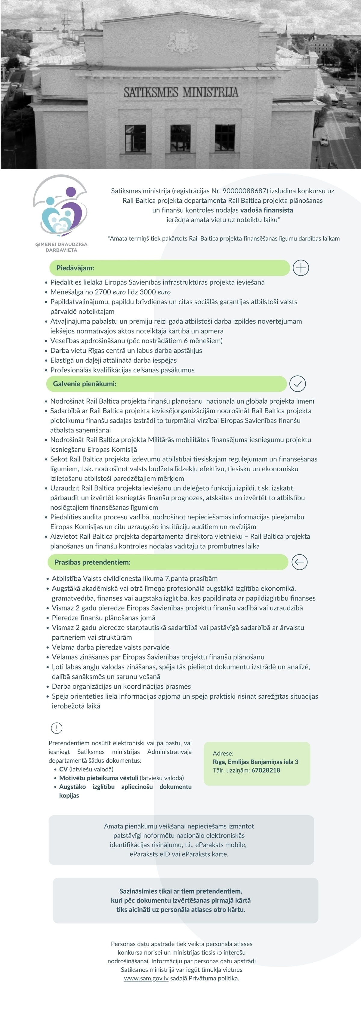 Satiksmes ministrija Rail Baltica projekta plānošanas un finanšu kontroles nodaļas vadošais/-ā finansists/-e