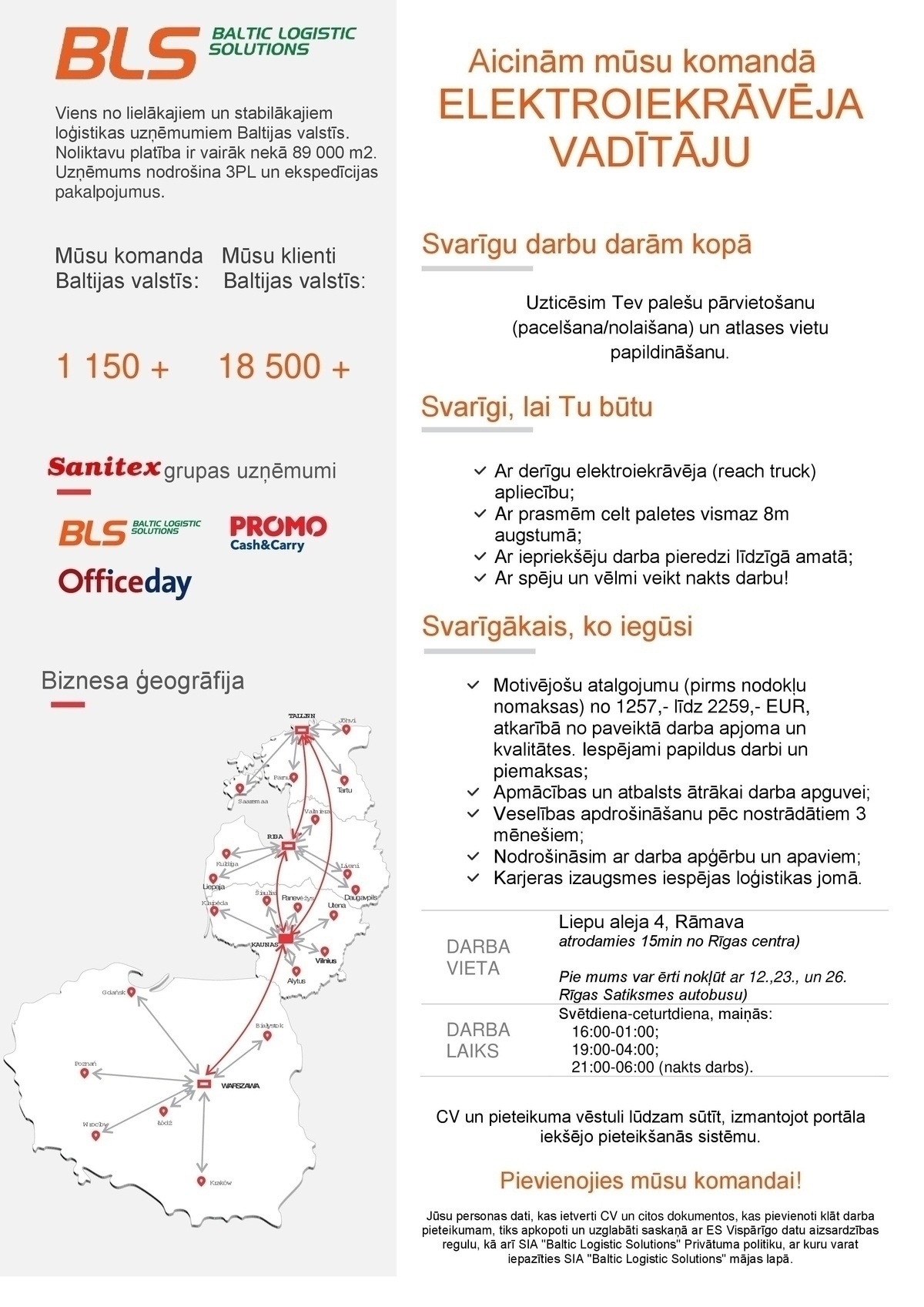 Baltic Logistic Solutions, SIA Elektroiekrāvēja vadītājs/-a (nakts maiņa)