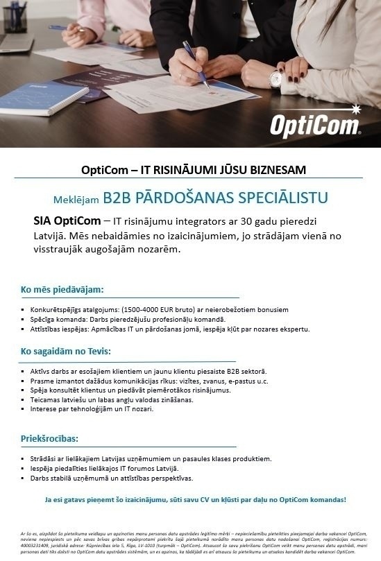 OptiCom, SIA B2B pārdošanas speciālists/-e