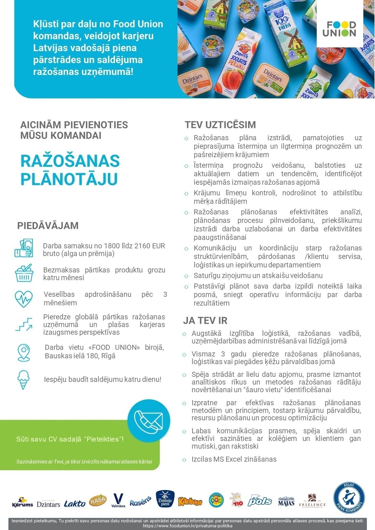 RĪGAS PIENA KOMBINĀTS, AS Ražošanas plānotājs/-a