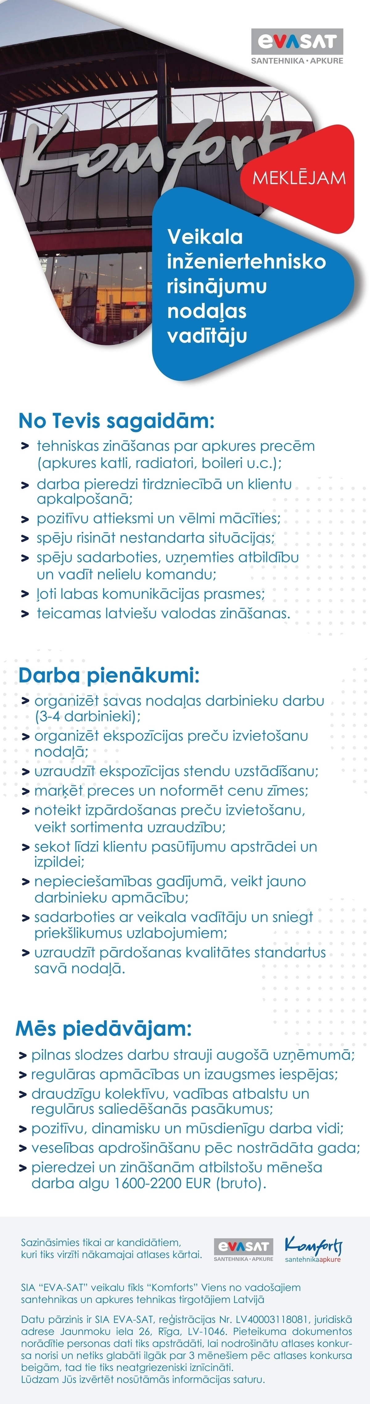 EVA-SAT, SIA Veikala inženiertehnisko risinājumu nodaļas vadītājs/-a