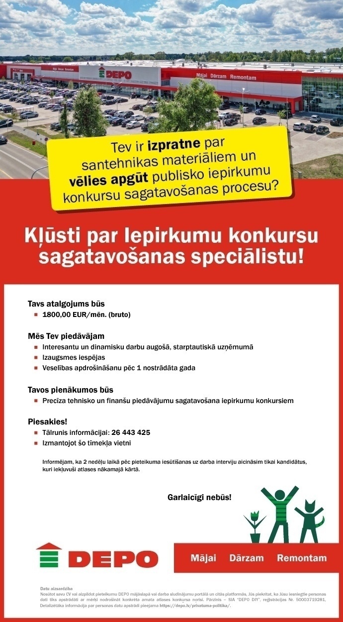 DEPO DIY, SIA Iepirkumu konkursu sagatavošanas speciālists/-e