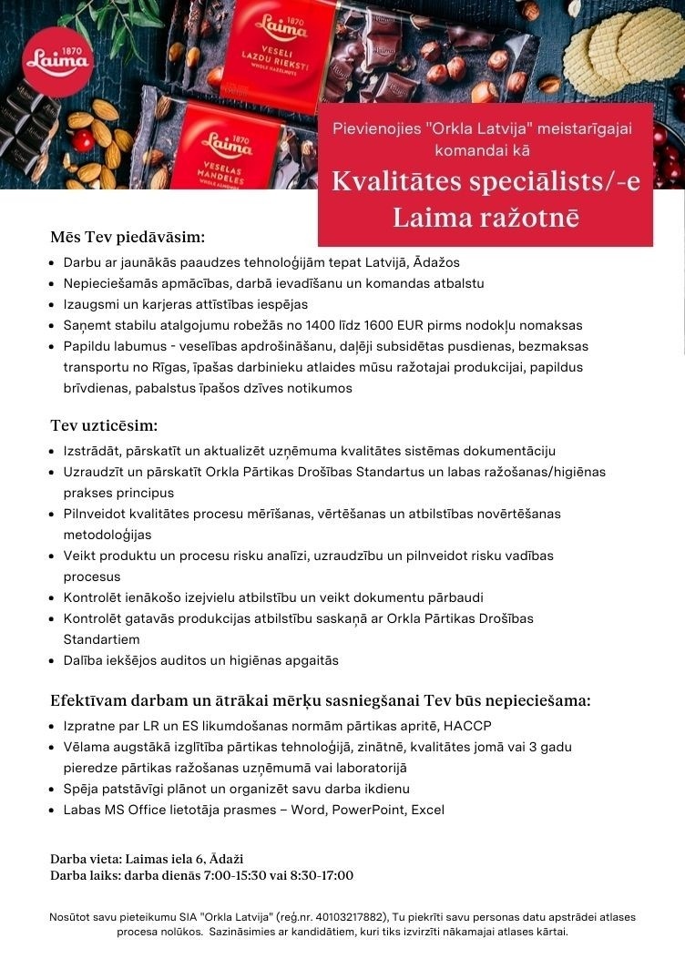 Orkla Latvija, SIA Kvalitātes speciālists/-e Laima ražotnē