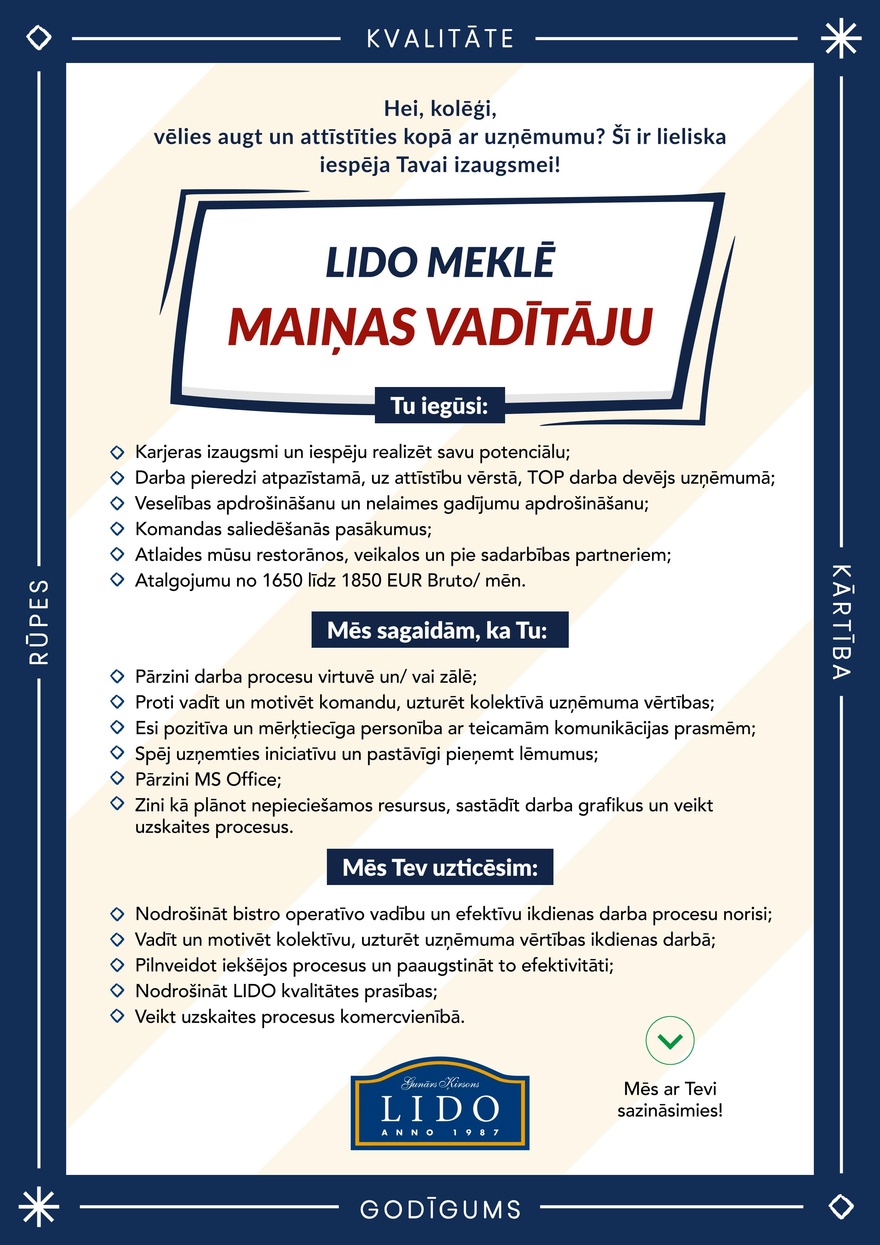 Lido personālvadības daļa Maiņu vadītājs "Lido"