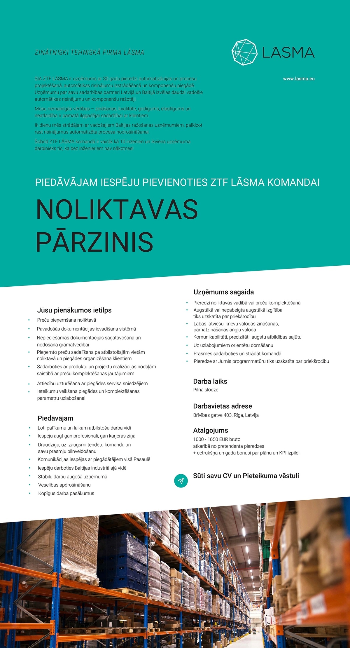 LĀSMA, zinātniski tehniskā firma, SIA Noliktavas pārzinis/-e