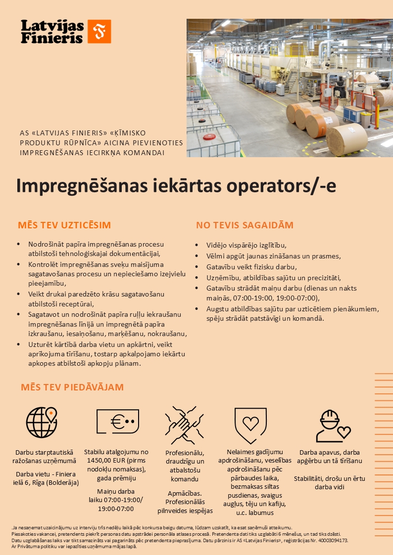 AS "Latvijas FInieris" Impregnēšanas iekārtas operators/-e