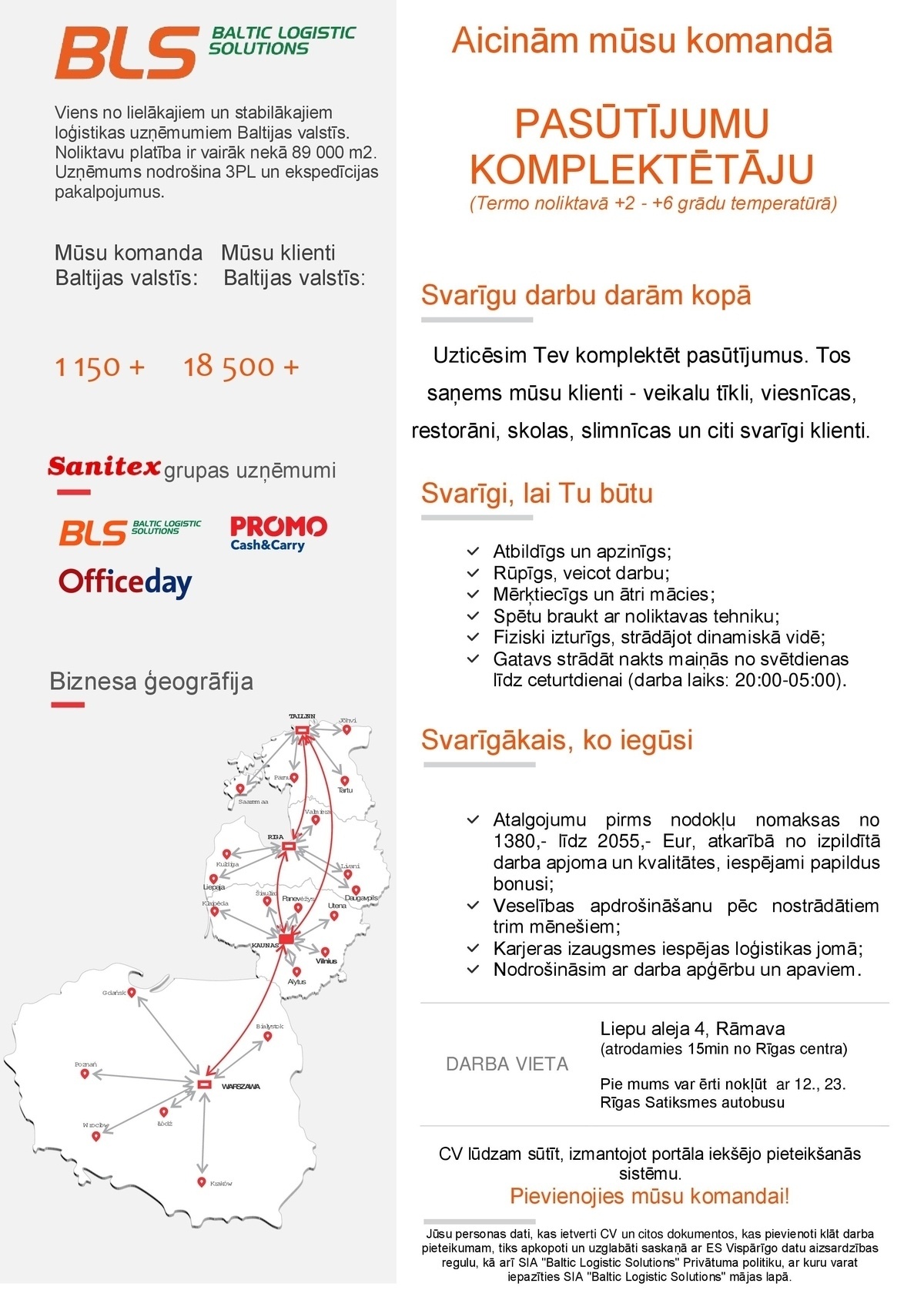 Baltic Logistic Solutions, SIA PASŪTĪJUMU KOMPLEKTĒTĀJS/-A TERMO NOLIKTAVĀ(+2 līdz +6 °C)