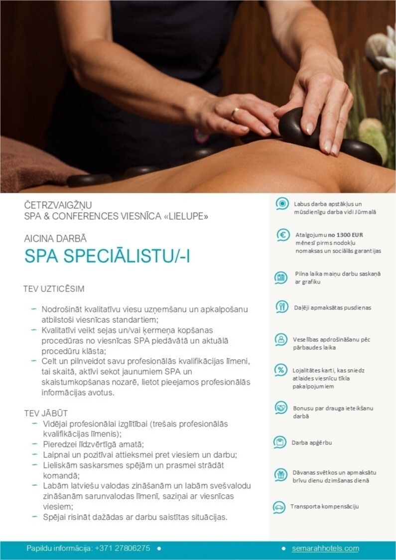 SEMARAH HOTEL MANAGEMENT, SIA SPA speciālists/-e