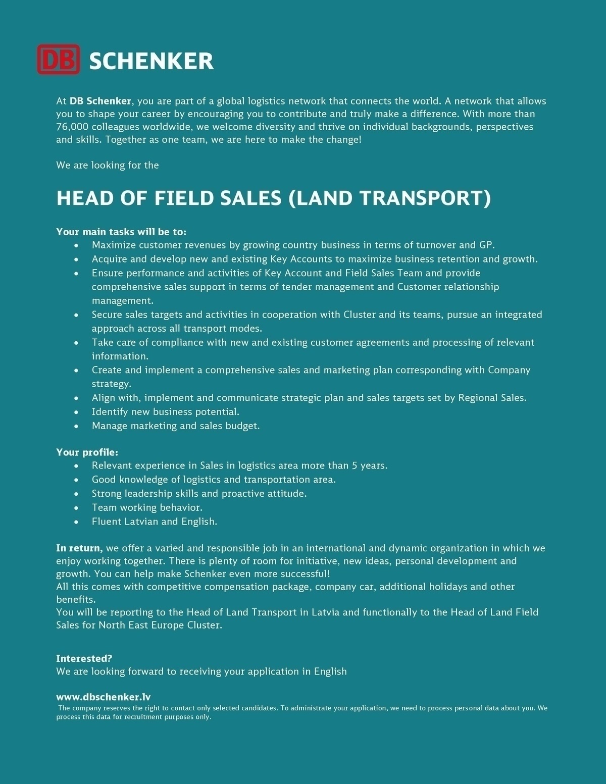 SCHENKER, SIA HEAD OF FIELD SALES (LAND TRANSPORT)