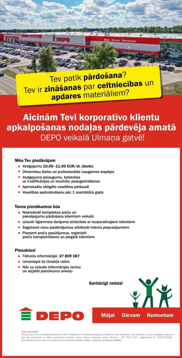 DEPO DIY, SIA Korporatīvo klientu apkalpošanas nodaļas pārdevējs/-a Mārupē