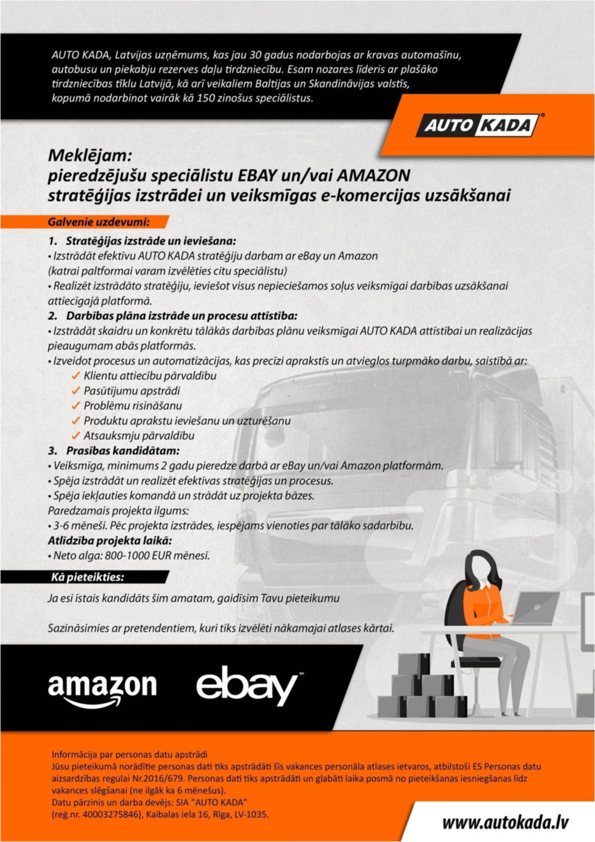 AUTO KADA, SIA E-komercijas speciālists/-e darbā ar eBay/Amazon platformām