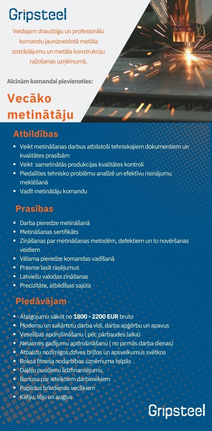 GRIPsteel, SIA Vecākais/-ā metinātājs/-a