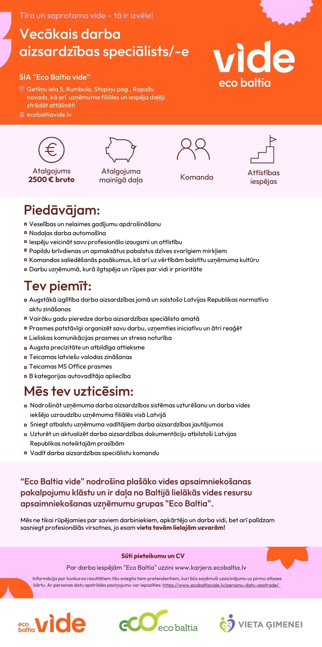 Eco Baltia vide, SIA Vecākais/-ā darba aizsardzības speciālists/-e