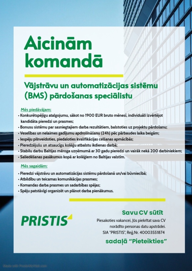 PRISTIS, SIA Vājstrāvu un automatizācijas sistēmu (BMS) pārdošanas speciālists/-e