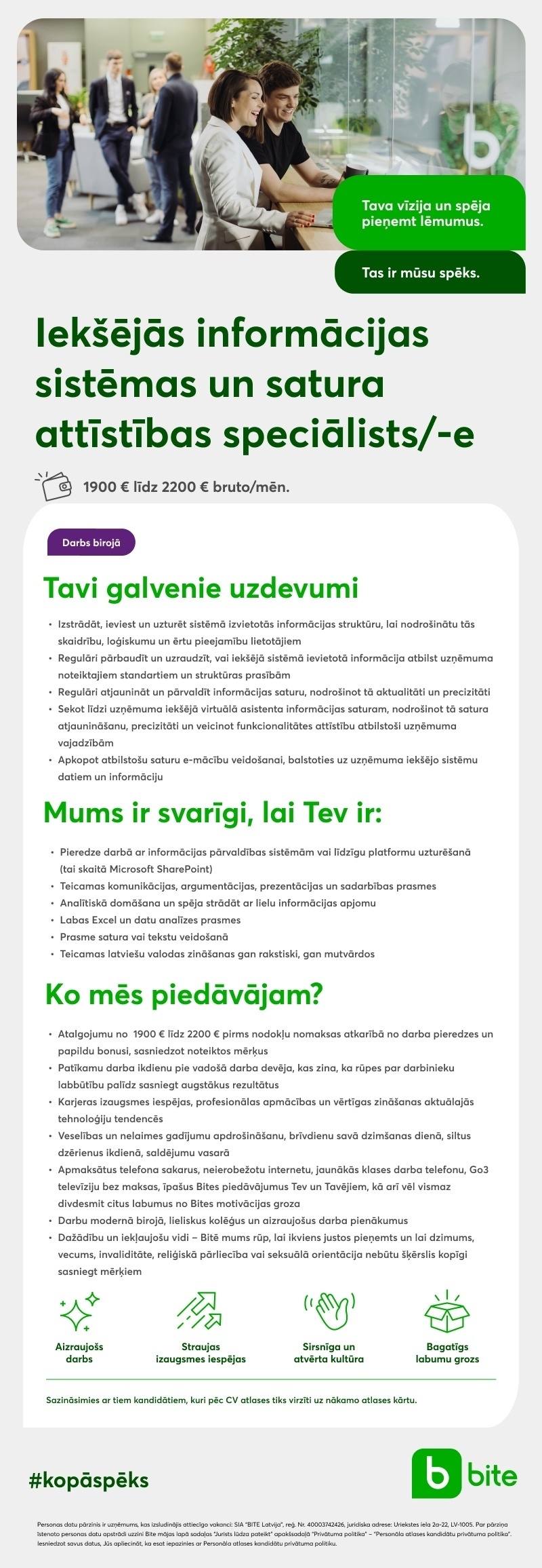 BITE Latvija, SIA Iekšējās informācijas sistēmas un satura attīstības speciālists/-e