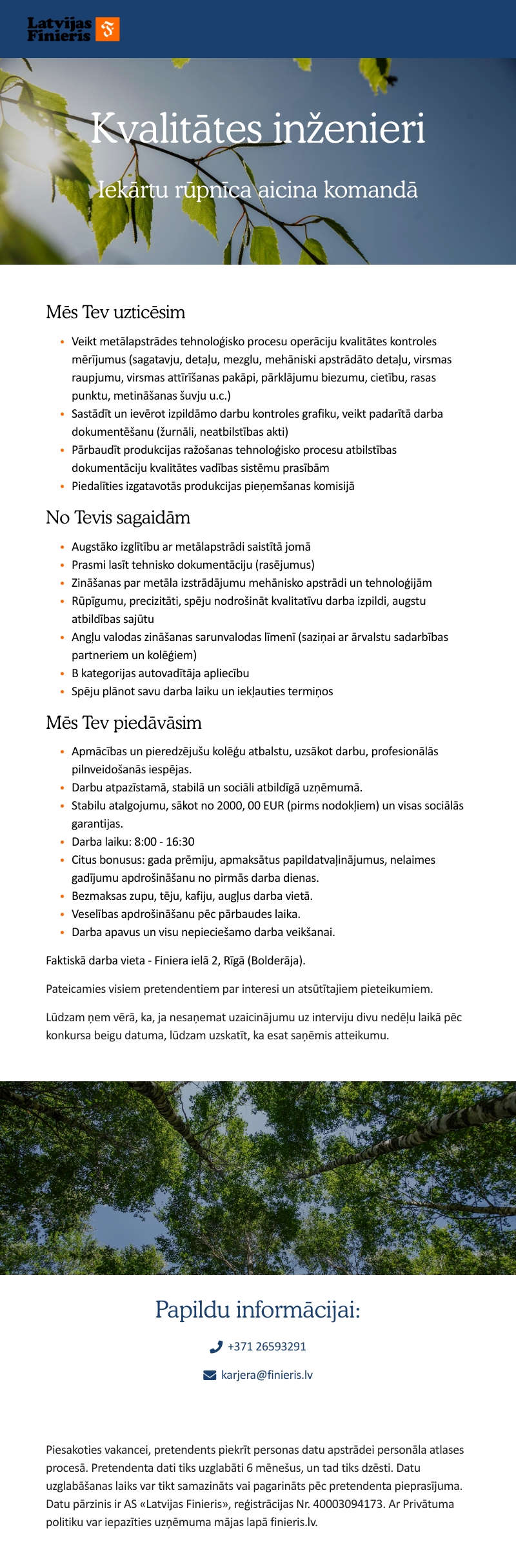 AS "Latvijas FInieris" Kvalitātes inženieris/-e