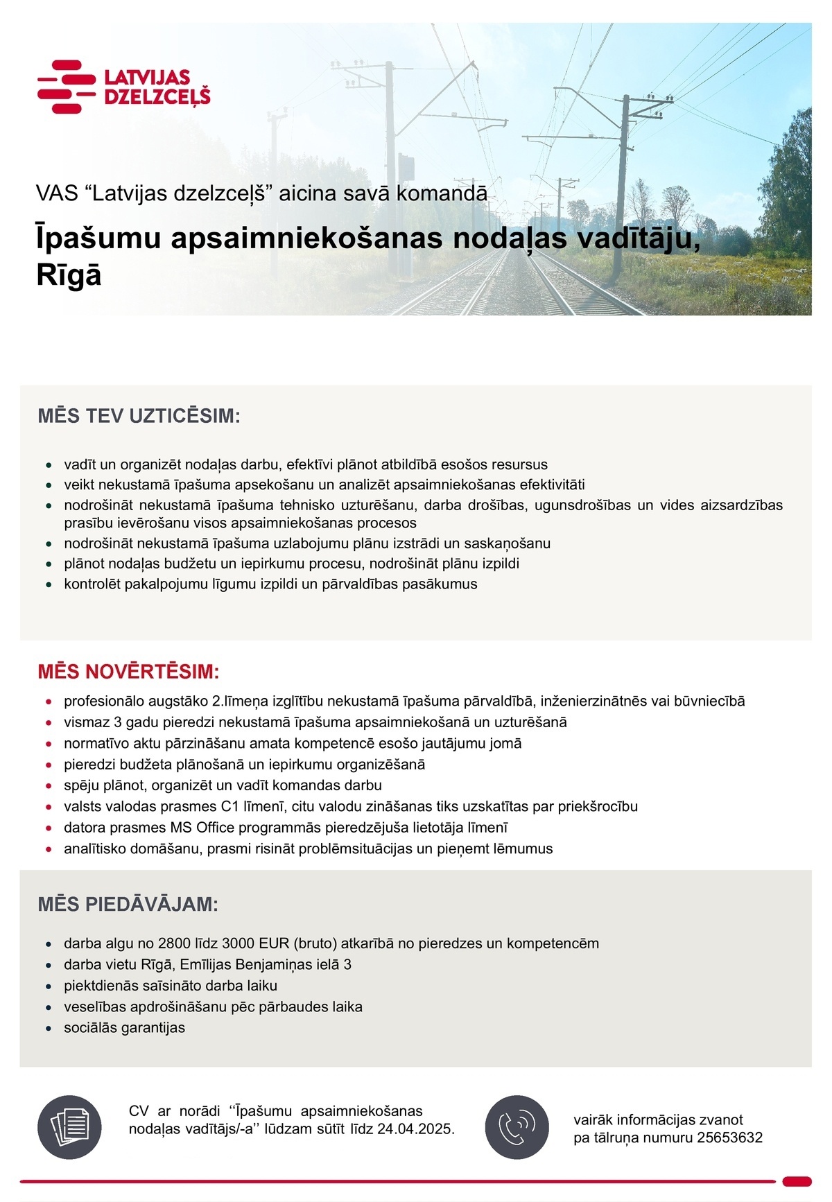 Latvijas dzelzceļš, AS Īpašumu apsaimniekošanas nodaļas vadītājs/-a