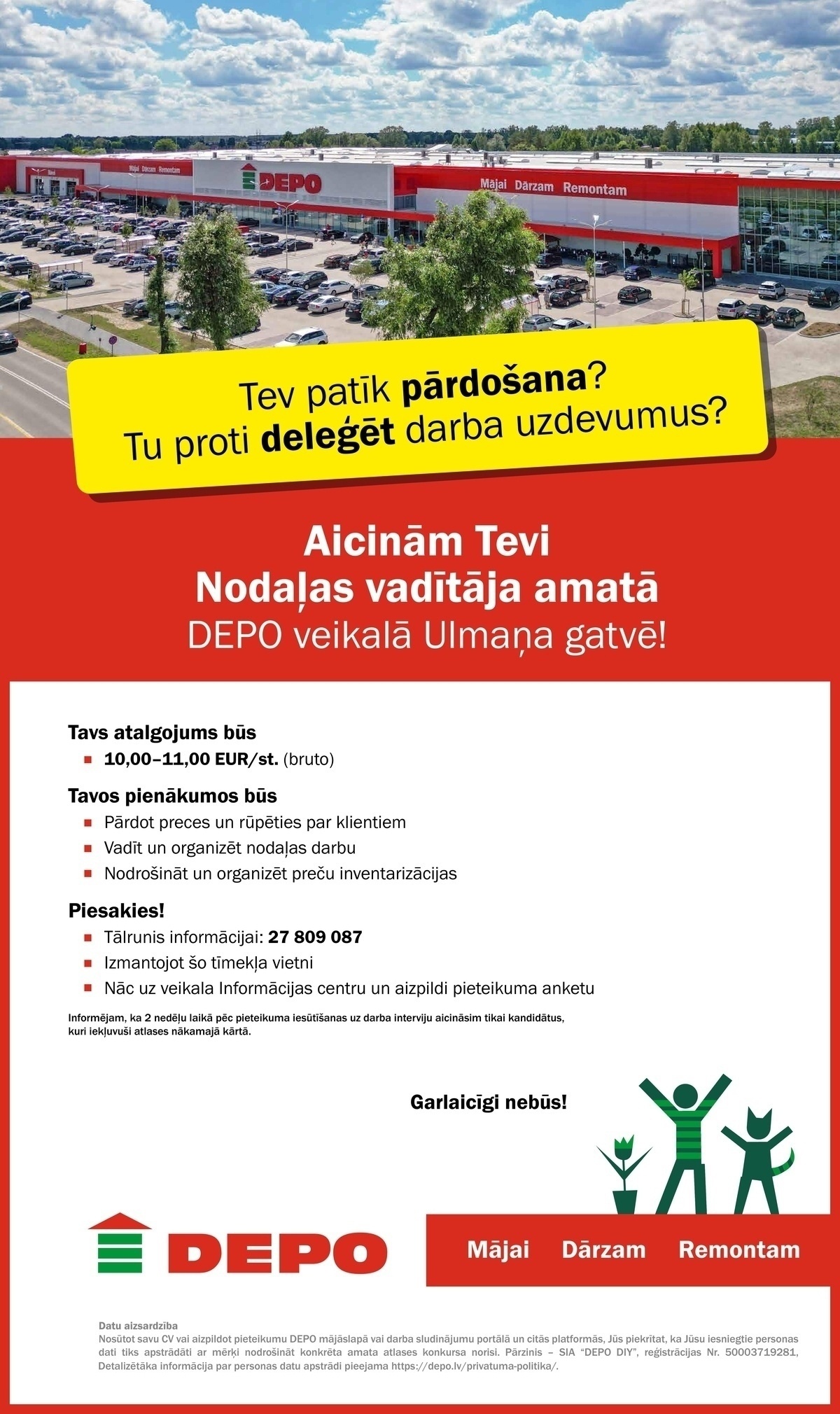 DEPO DIY, SIA Nodaļas vadītājs/-a Ulmaņa gatvē