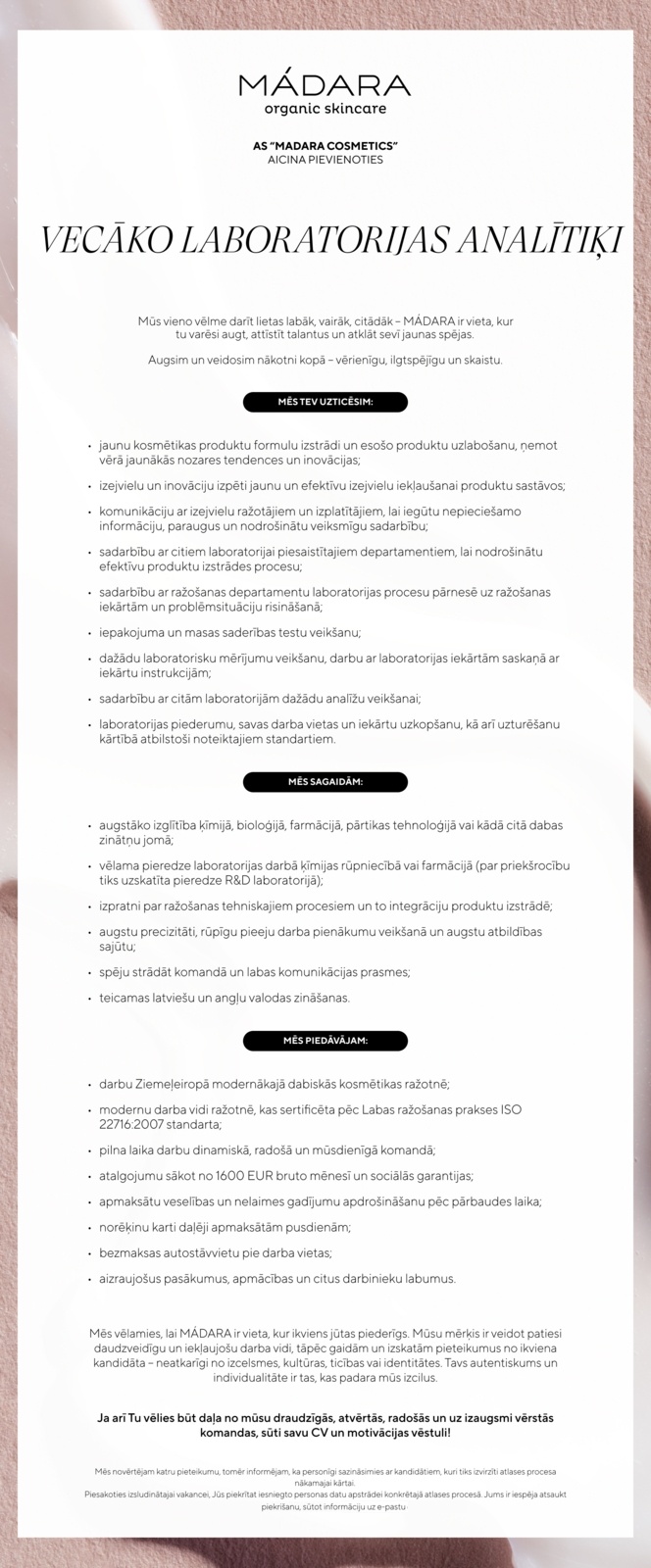 MADARA Cosmetics, AS Vecākais/-ā laboratorijas analītiķis/-e