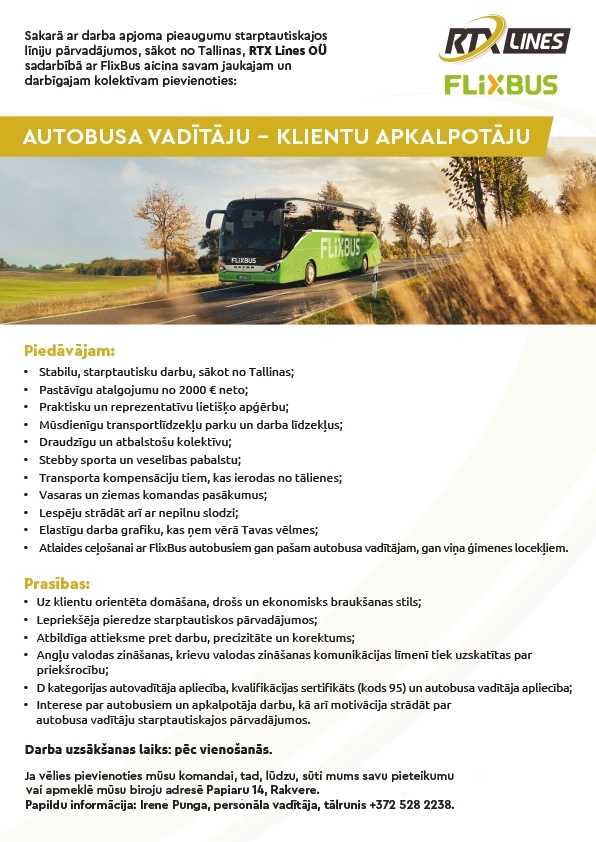 RTX Lines, OÜ Autobusa vadītājs/-a