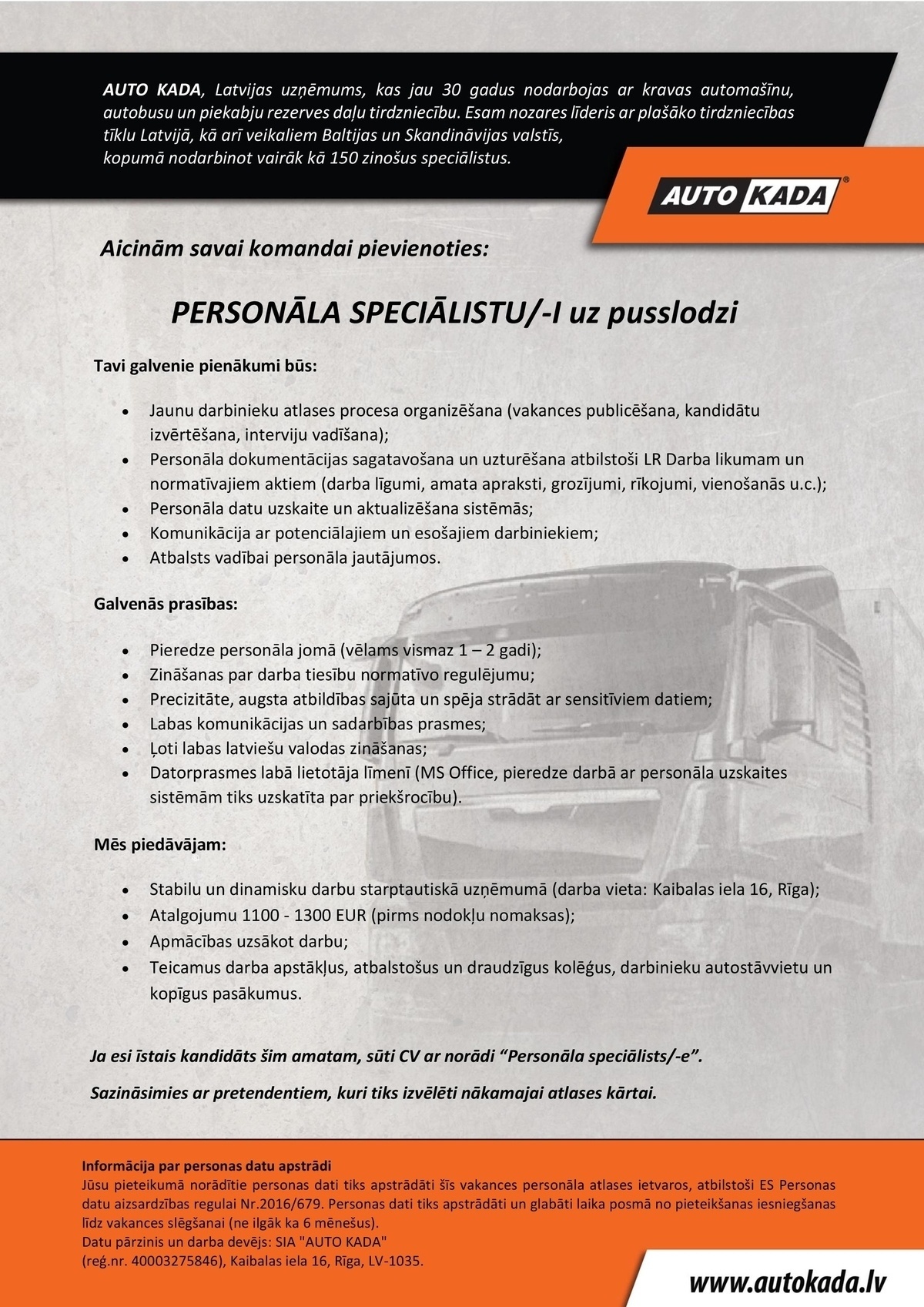 AUTO KADA, SIA Personāla speciālists/-e uz pusslodzi