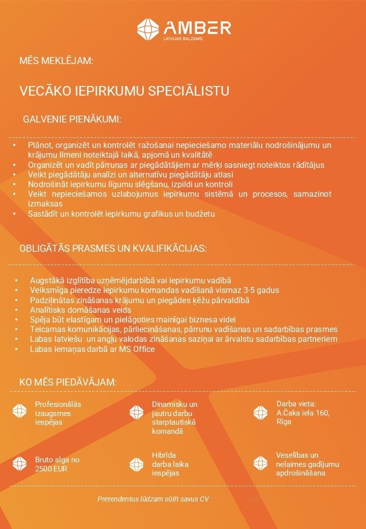 AMBER LATVIJAS BALZAMS, AS Vecākais/-ā iepirkumu speciālists/-e
