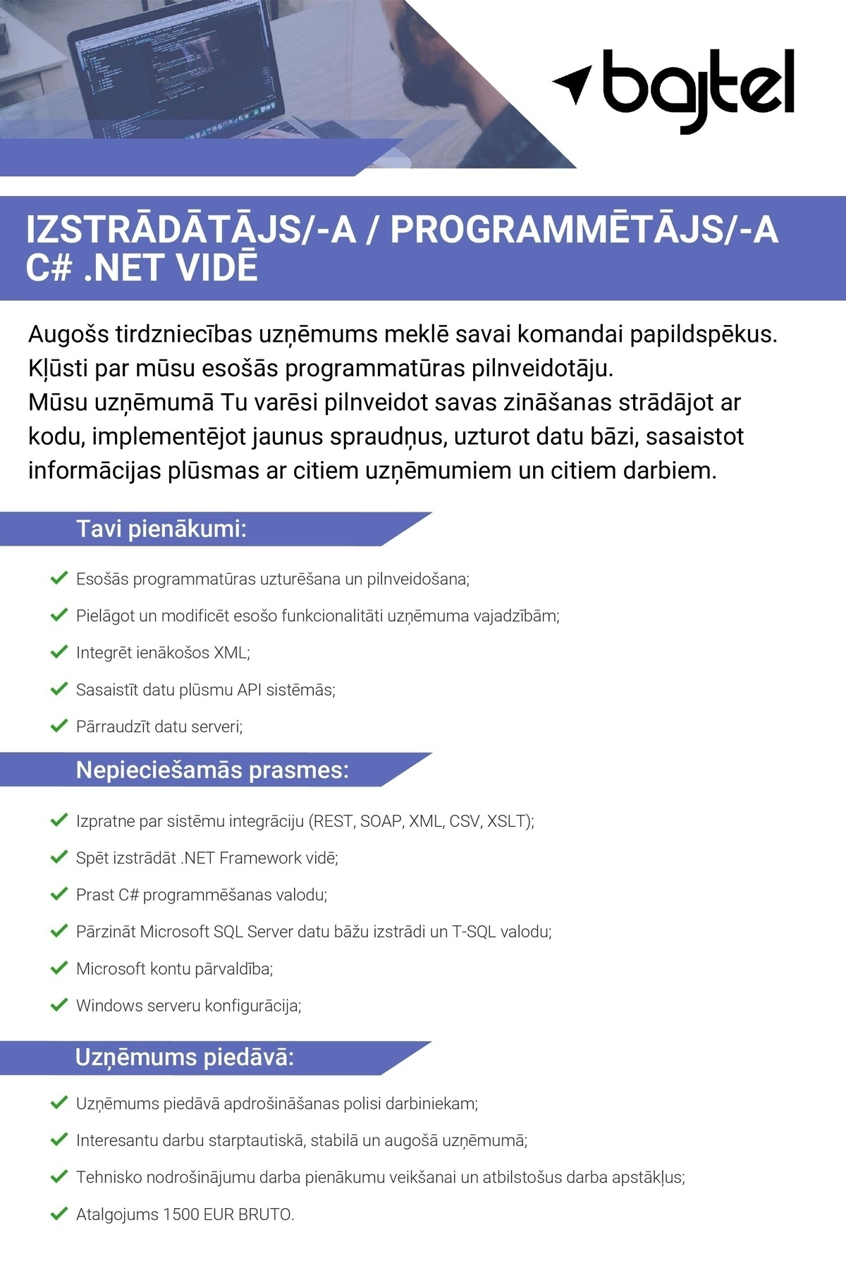 BAJTEL.LV, SIA Izstrādātājs/-a / Programmētājs/-a C# .NET vidē