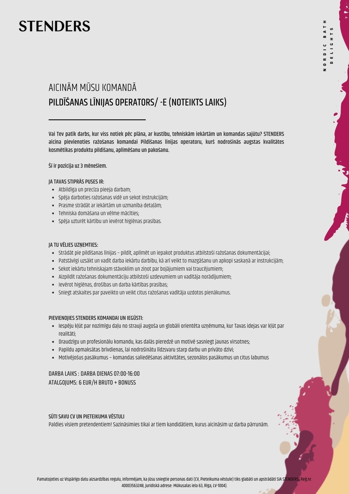 STENDERS, SIA Pildīšanas līnijas operators/ -e (noteikts laiks)