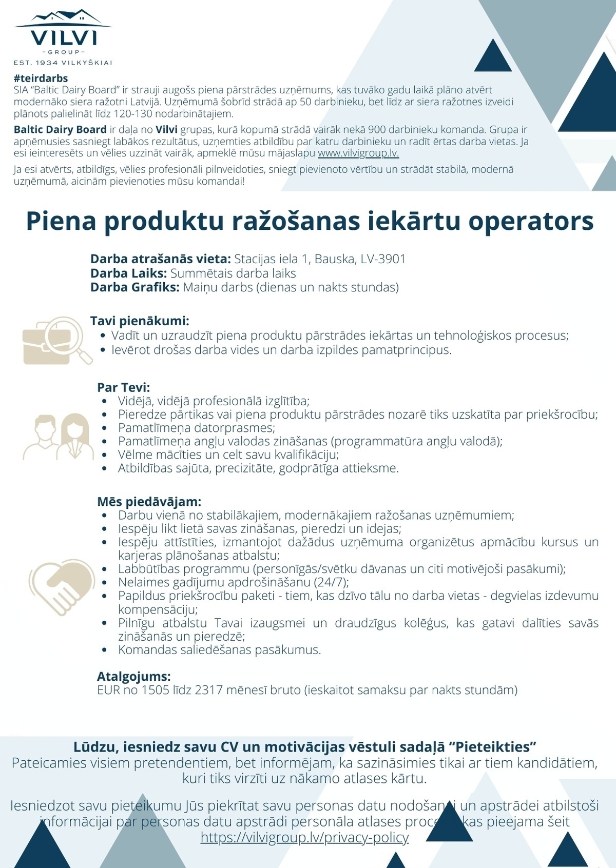 Baltic Dairy Board, SIA Piena produktu ražošanas iekārtu operators/-e