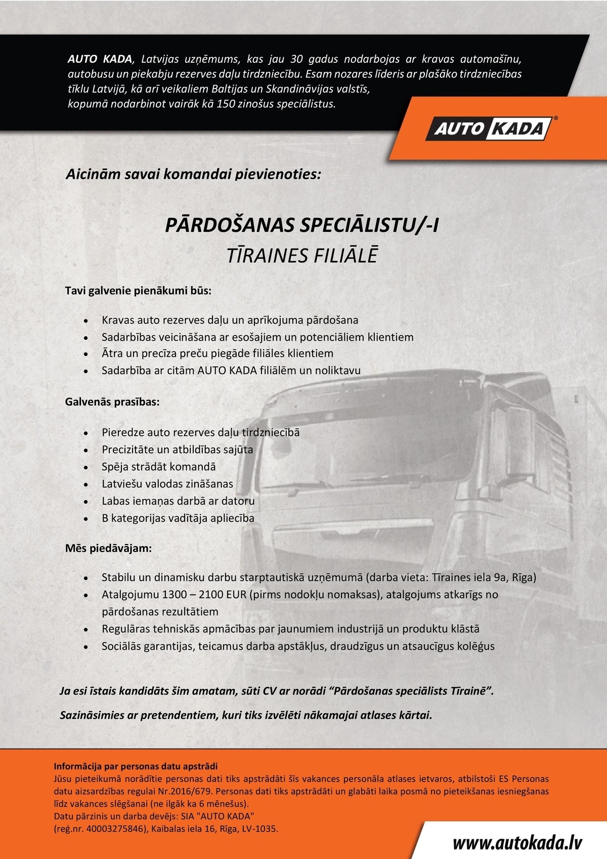 AUTO KADA, SIA Pārdošanas speciālists/-e Tīrainē