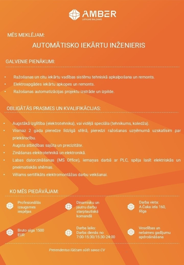 AMBER LATVIJAS BALZAMS, AS Automātisko iekārtu inženieris/-e