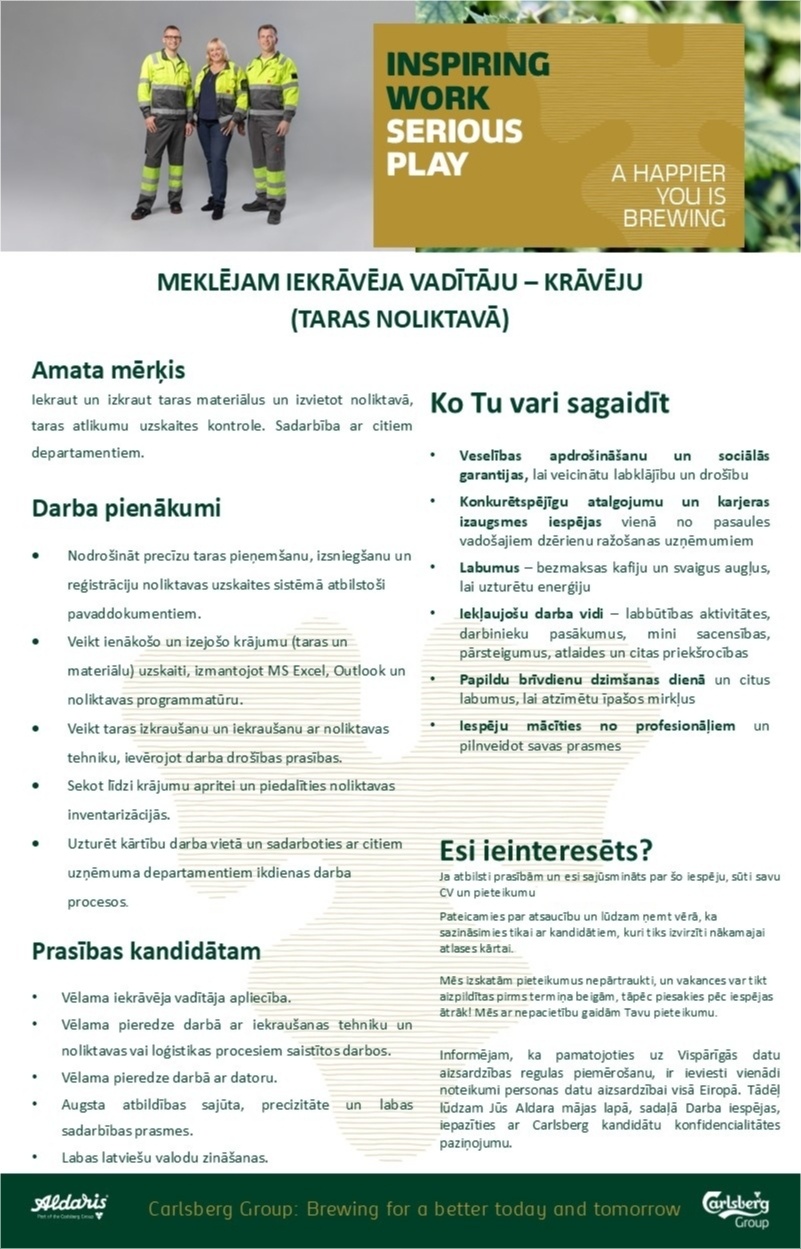 Aldaris, AS Iekrāvēja vadītājs/-a - krāvējs/-a (Taras noliktavā)