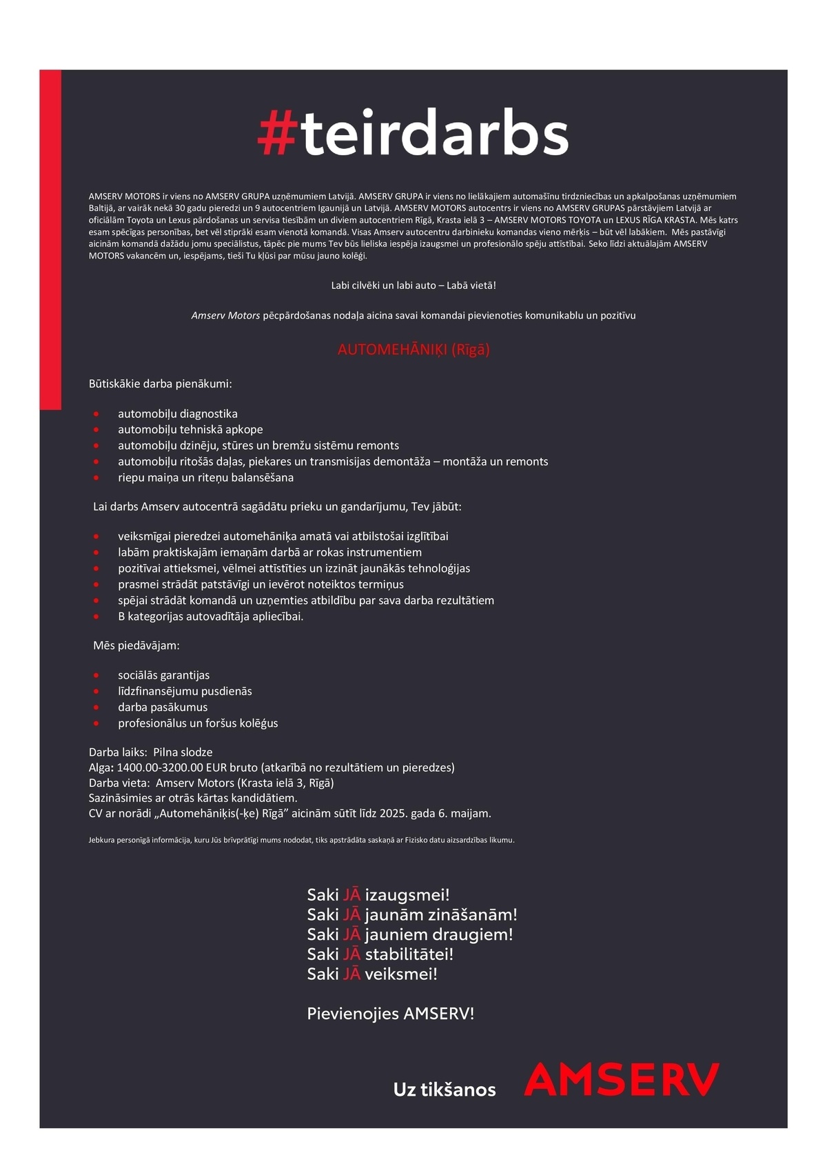 AMSERV MOTORS, SIA Automehāniķis/-e
