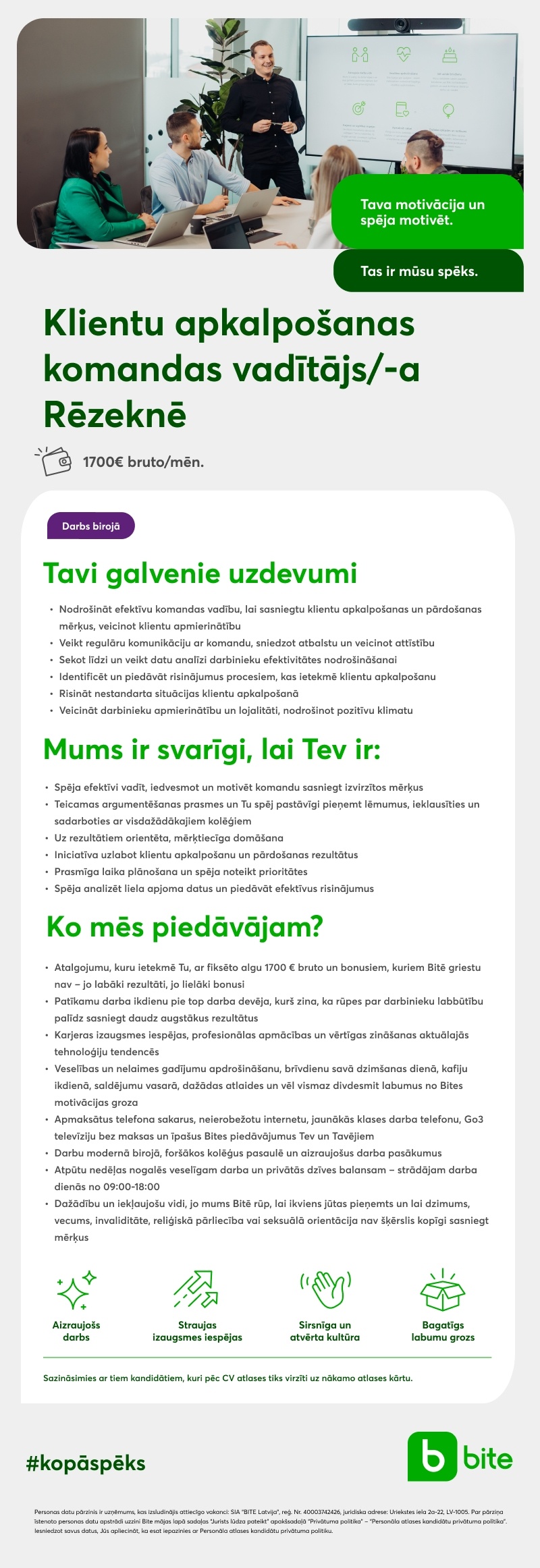 Bite Latvija Klientu apkalpošanas komandas vadītājs/-a Rēzeknē
