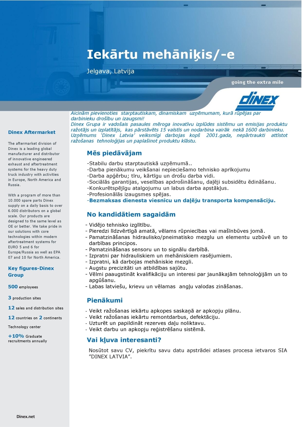 DINEX LATVIA, SIA Iekārtu mehāniķis/-e